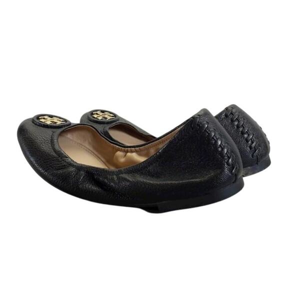 Tory Burch Size 6.5  Black Gold Logo Workwear Leather Closed Toe Luxury Flats - Picture 2 of 6